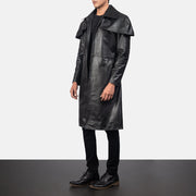 
Black Cowhide Leather Trench Coat - Pamje e pasme me supe të theksuara dhe buzë të pastër