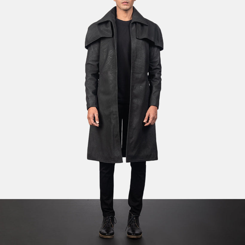 Classic Distressed E zezë Leather Duster për meshkuj