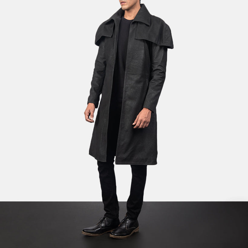 Classic Distressed E zezë Leather Duster për meshkuj