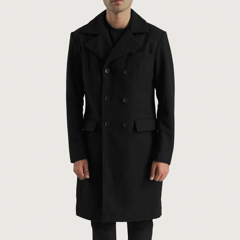 Claud E zezë Wool Double-Breasted Coat për meshkuj