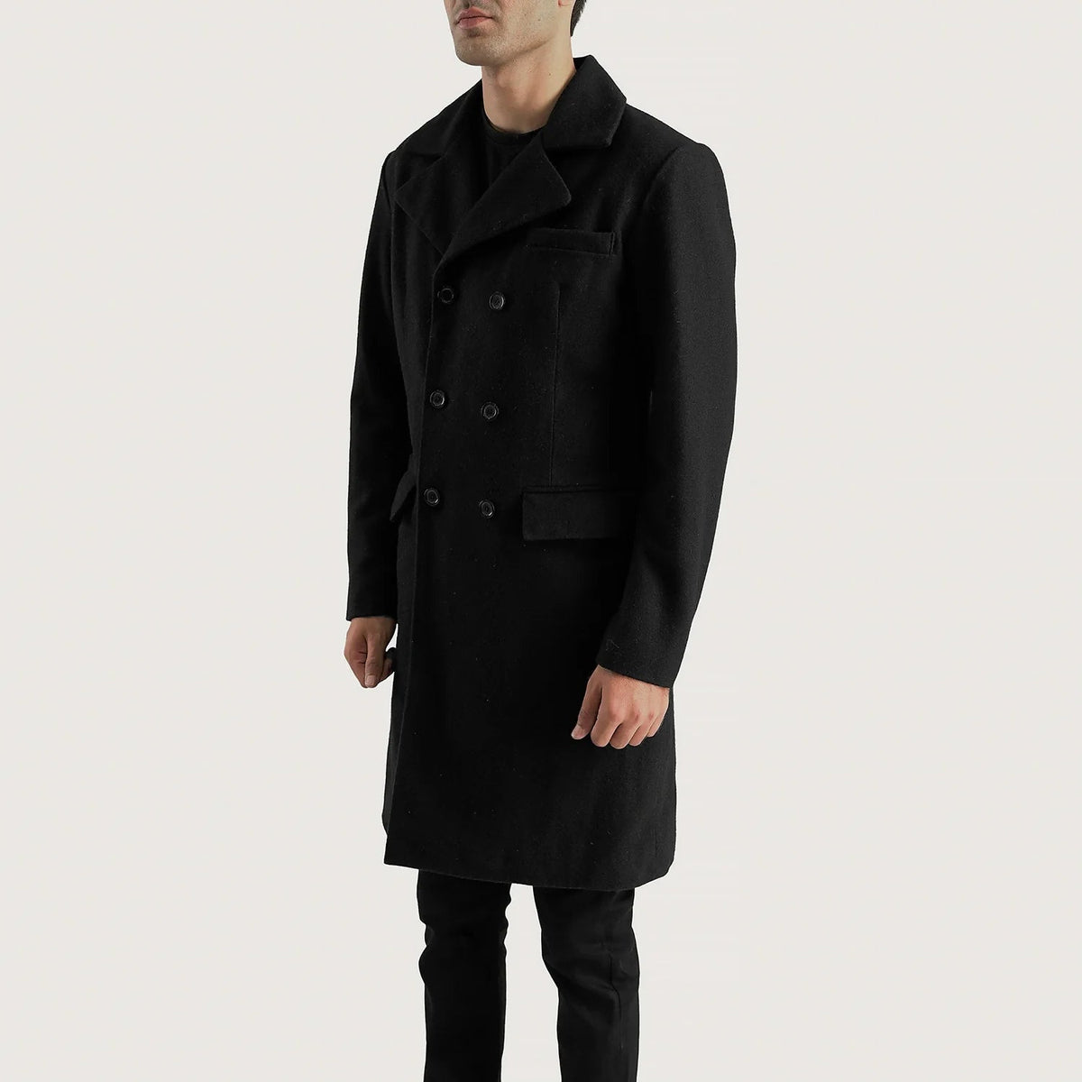 
Black Synthetic Wool Trench Coat - Pamje e pasme me supe të theksuara dhe buzë të pastër