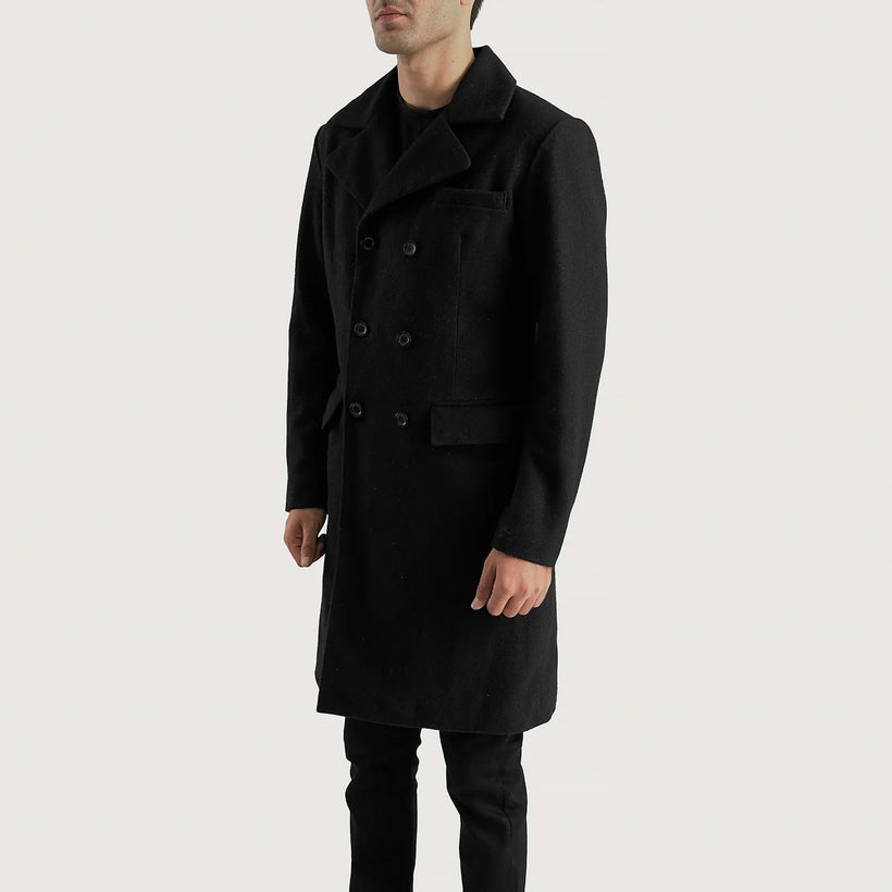 Claud E zezë Wool Double-Breasted Coat për meshkuj
