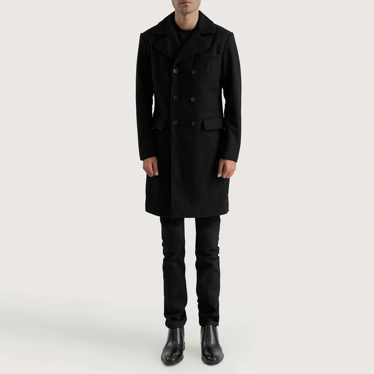 
Claud Black Wool Double Breasted Coat - Pamje anësore me prerje ergonomike të mëngëve