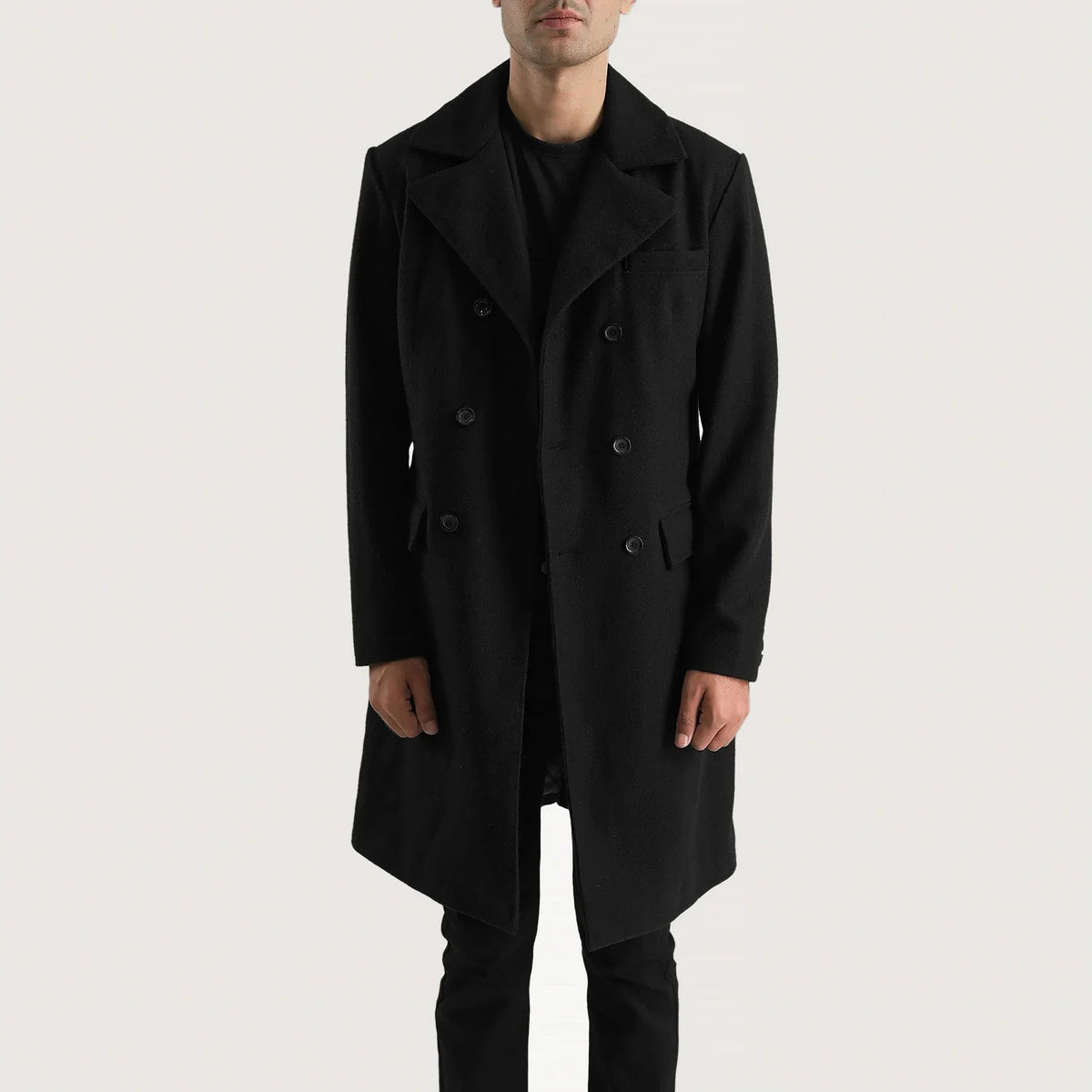 
Detaje nga afër of Notch & Button Hardware on Claud Black Wool Double Breasted Coat