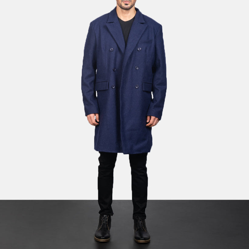 Claud Blue Wool Double-Breasted Coat për meshkuj