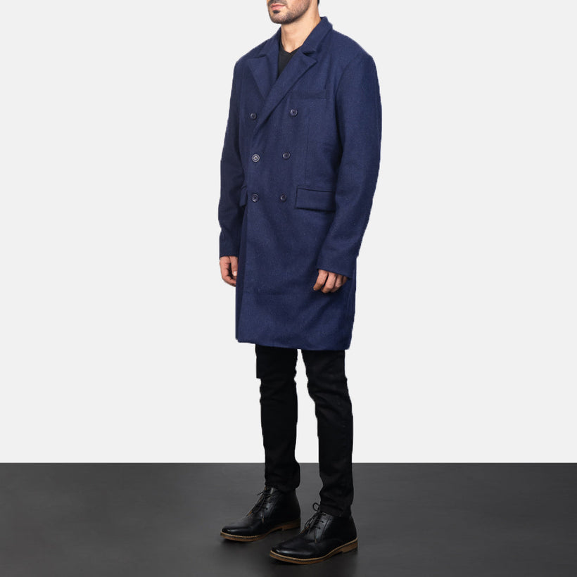 Claud Blue Wool Double-Breasted Coat për meshkuj