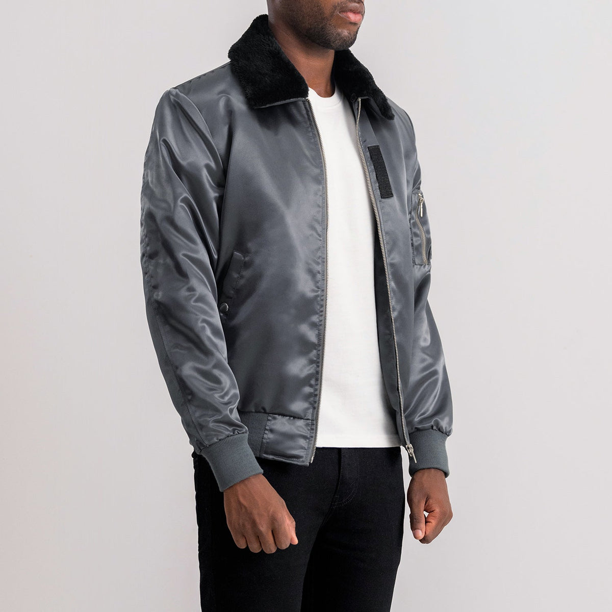Grey Satin Bomber Jacket - Back View Showing Tailored Shoulder Fit &amp; Clean Hemline