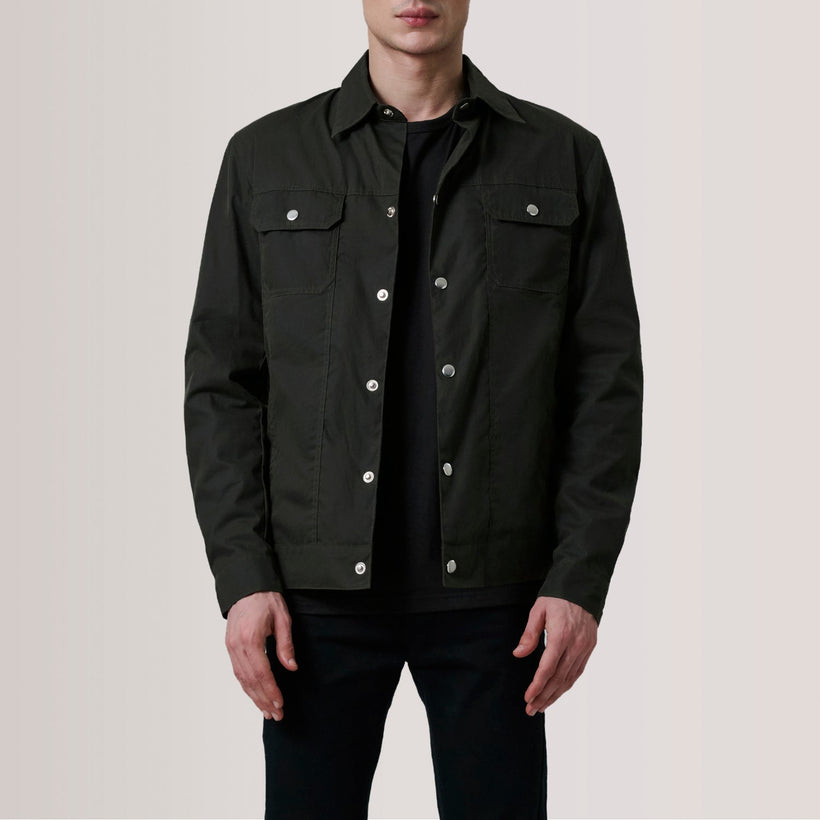 Colberto Olive Waxed Canvas Trucker Xhaketë lëkure për meshkuj