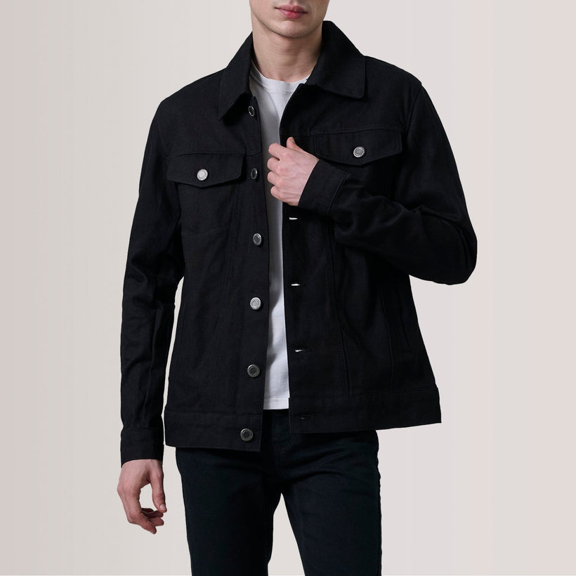 Conard E zezë Denim Trucker Xhaketë lëkure për meshkuj