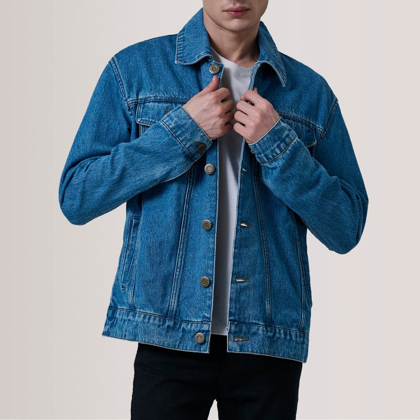 Conard Blue Denim Trucker Xhaketë lëkure për meshkuj