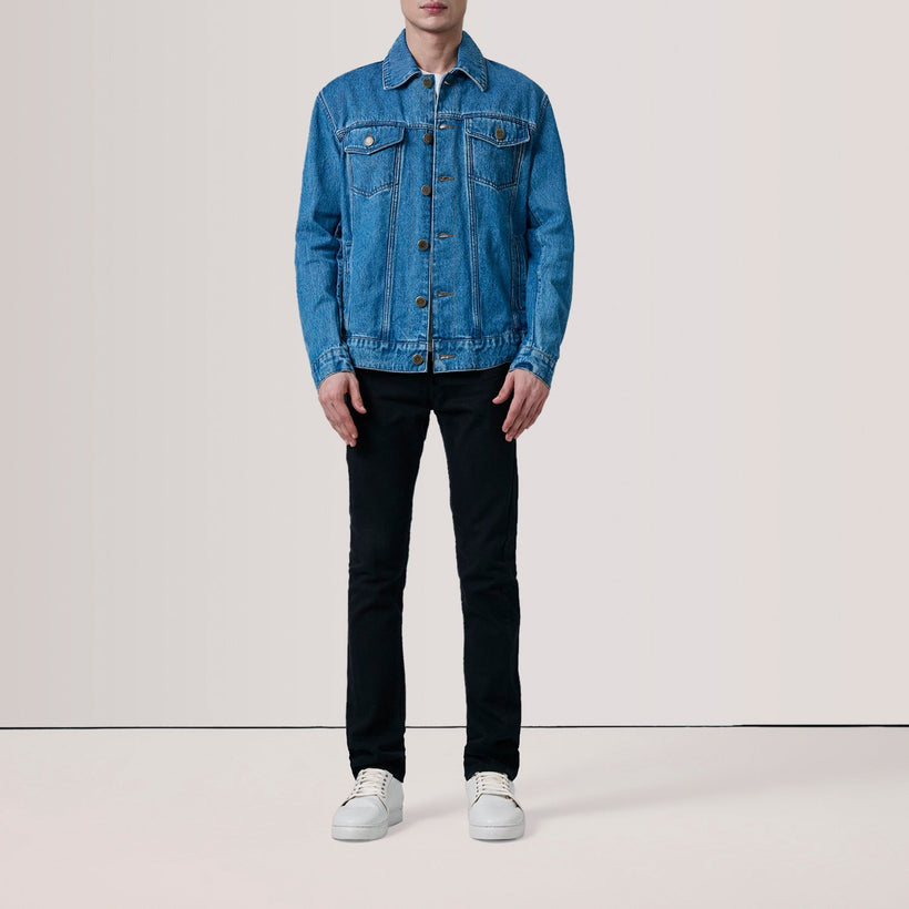 Conard Blue Denim Trucker Xhaketë lëkure për meshkuj