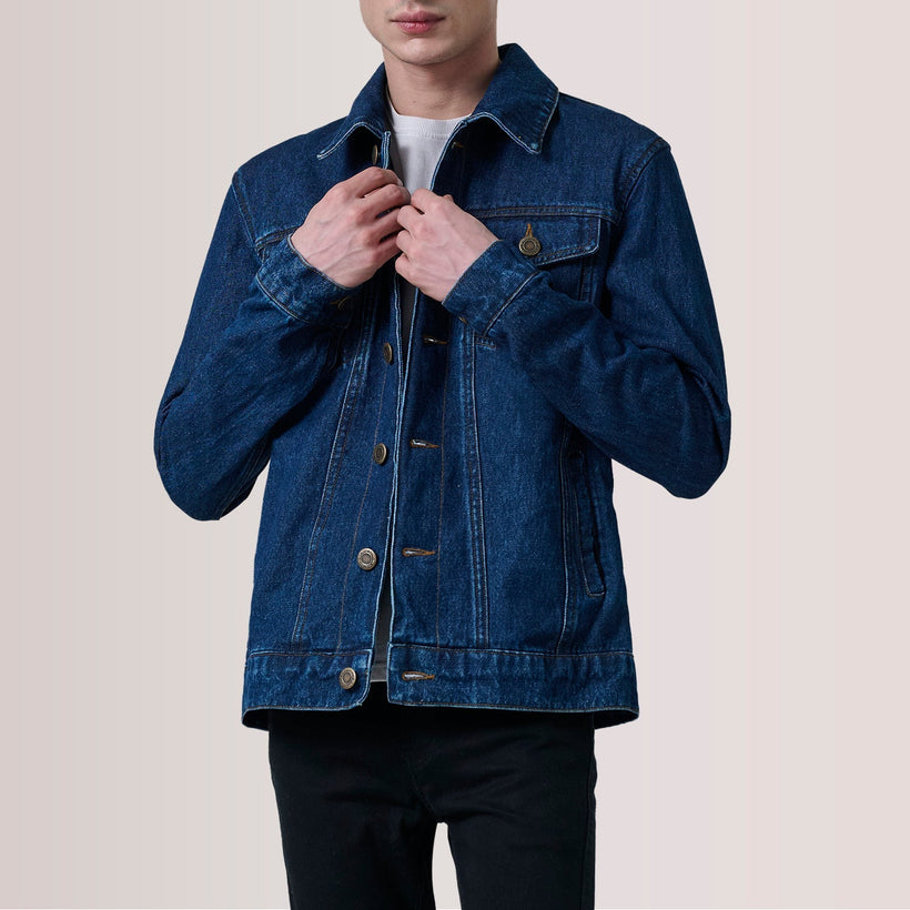 Conard Dark Blue Denim Trucker Xhaketë lëkure për meshkuj