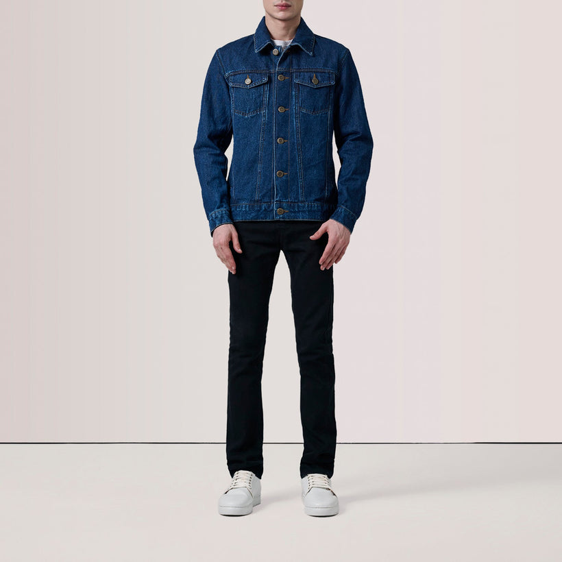 Conard Dark Blue Denim Trucker Xhaketë lëkure për meshkuj