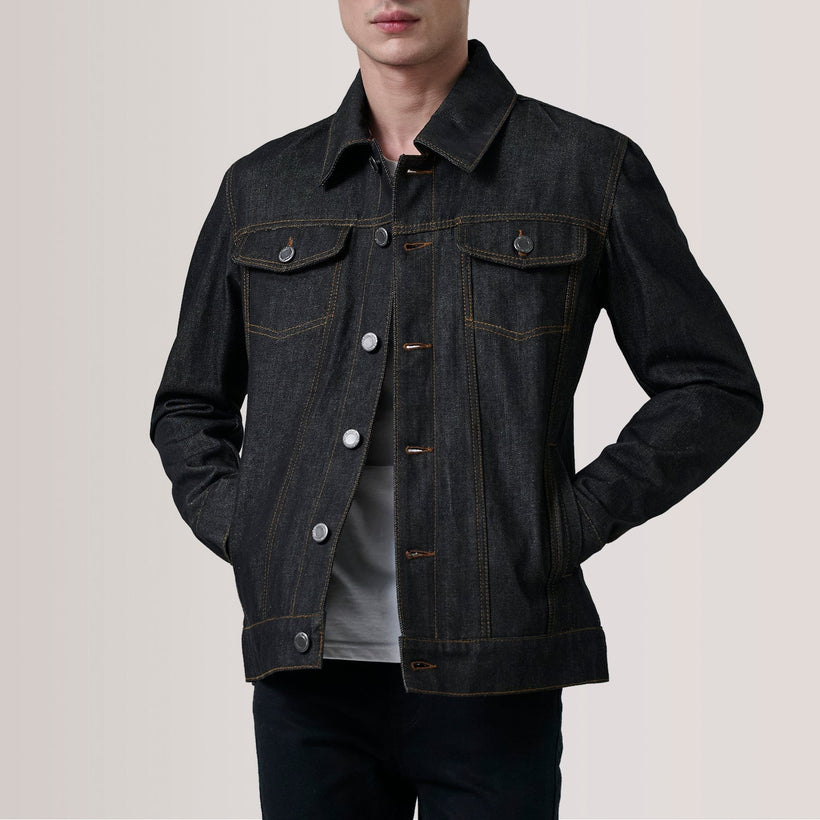 Conard Faded E zezë Denim Trucker Xhaketë lëkure për meshkuj