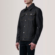 
Conard Faded E zezë Denim Trucker Xhaketë Lëkure për Meshkuj For Men - Pamje anësore me prerje ergonomike të mëngëve