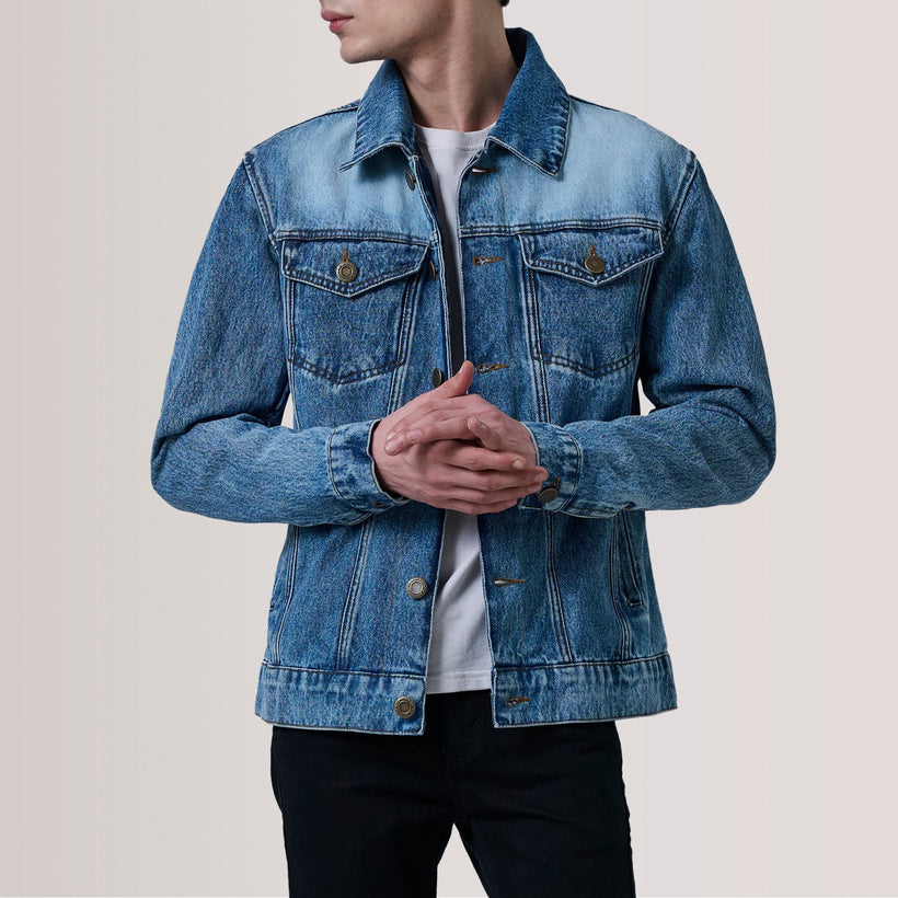 Conard Ice Blue Denim Trucker Xhaketë lëkure për meshkuj