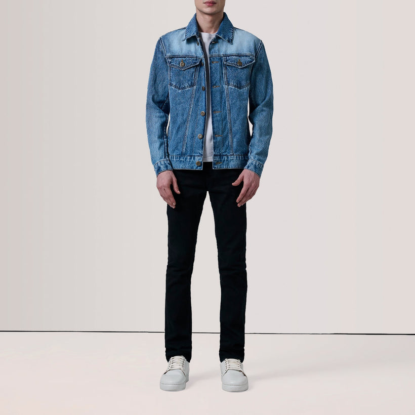 Conard Ice Blue Denim Trucker Xhaketë lëkure për meshkuj
