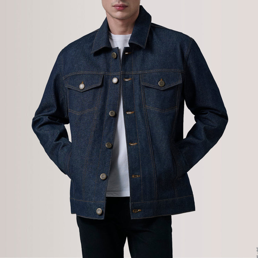 Conard Indigo Blue Denim Trucker Xhaketë lëkure për meshkuj