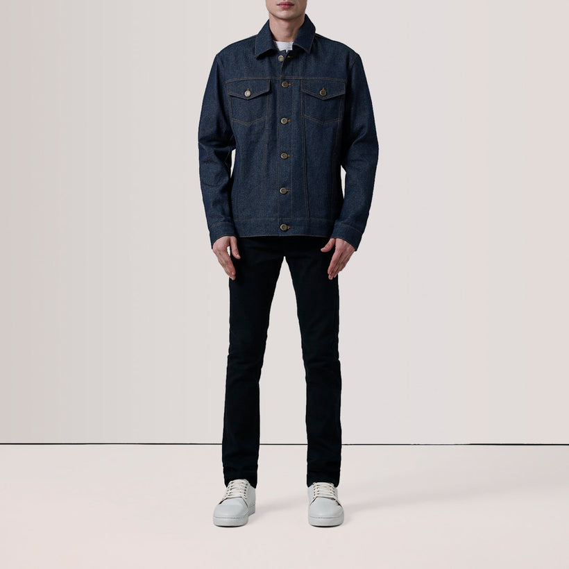 Conard Indigo Blue Denim Trucker Xhaketë lëkure për meshkuj