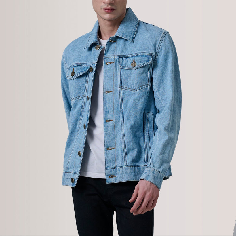 Conard Light Blue Denim Trucker Xhaketë lëkure për meshkuj