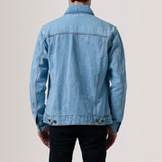 
Detaje nga afër of Classic Collar & Heavy-Duty Zipper Hardware on Conard Light Blu Denim Trucker Xhaketë Lëkure për Meshkuj For Men