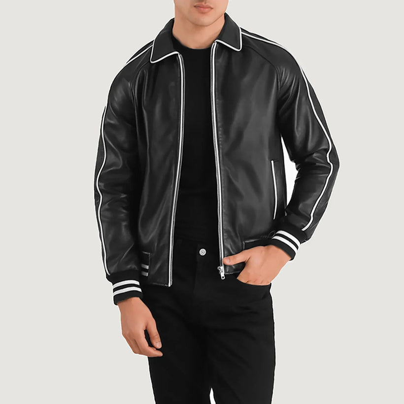Cooper E zezë Leather Varsity Xhaketë lëkure për meshkuj