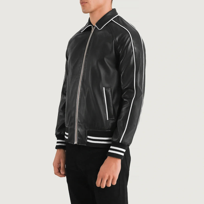 Cooper E zezë Leather Varsity Xhaketë lëkure për meshkuj