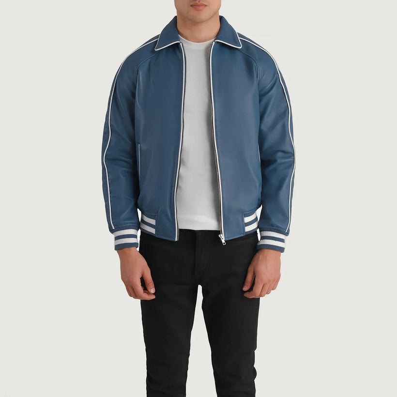 Cooper Blue Leather Varsity Xhaketë lëkure për meshkuj