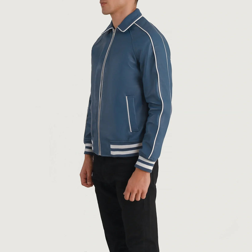 Cooper Blue Leather Varsity Xhaketë lëkure për meshkuj