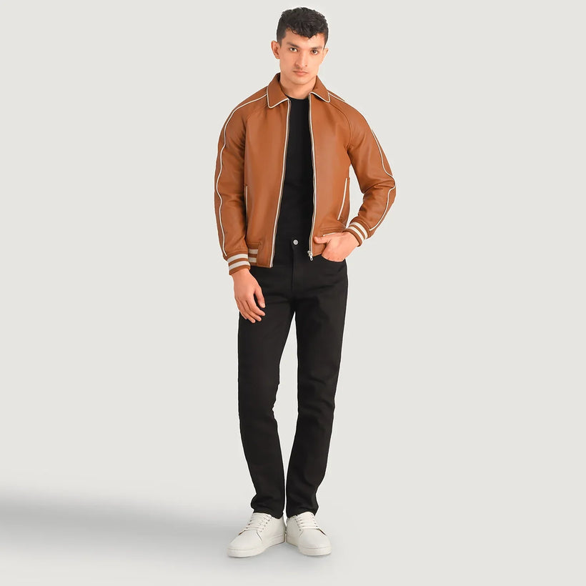 Cooper Tan Kafe Leather Varsity Xhaketë lëkure për meshkuj