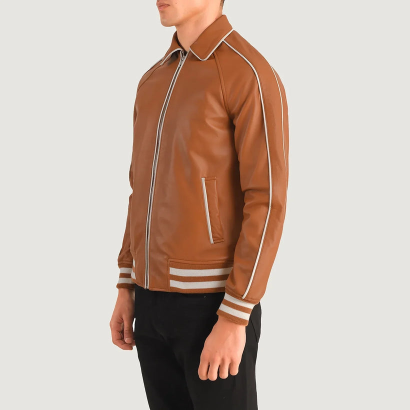 Cooper Tan Kafe Leather Varsity Xhaketë lëkure për meshkuj