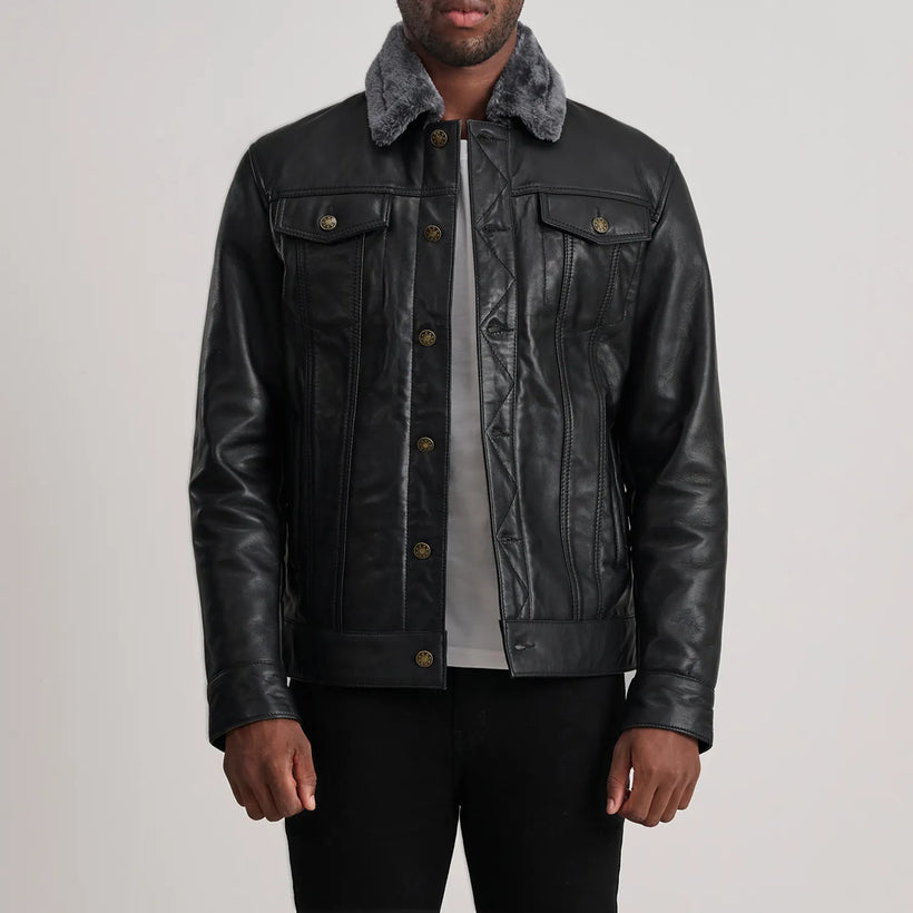 Dallis E zezë Leather Shearling Trucker Xhaketë lëkure për meshkuj