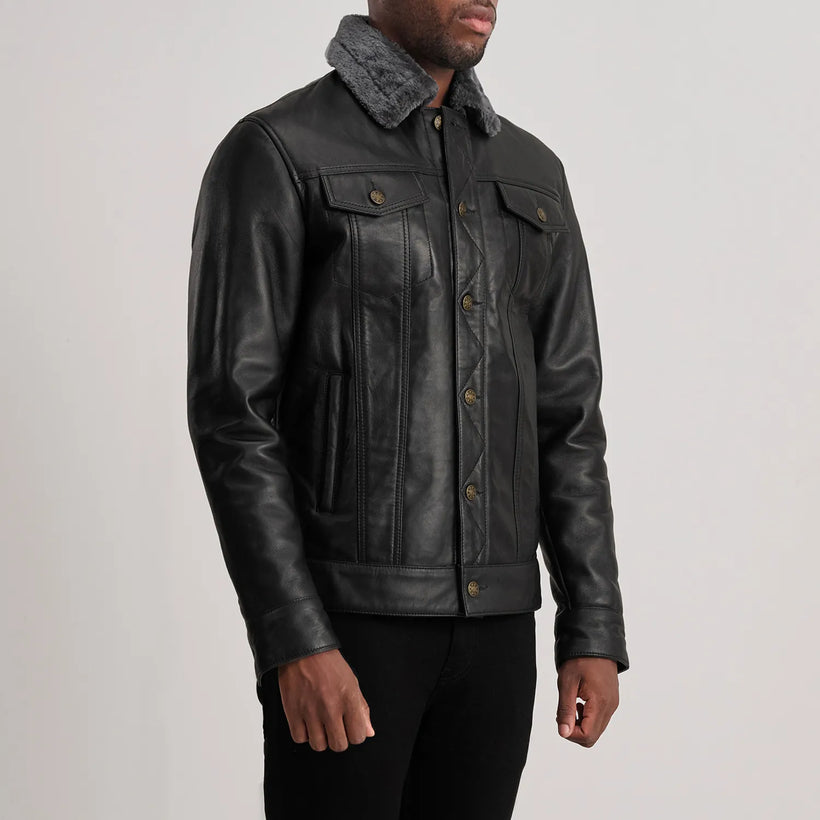 Dallis E zezë Leather Shearling Trucker Xhaketë lëkure për meshkuj
