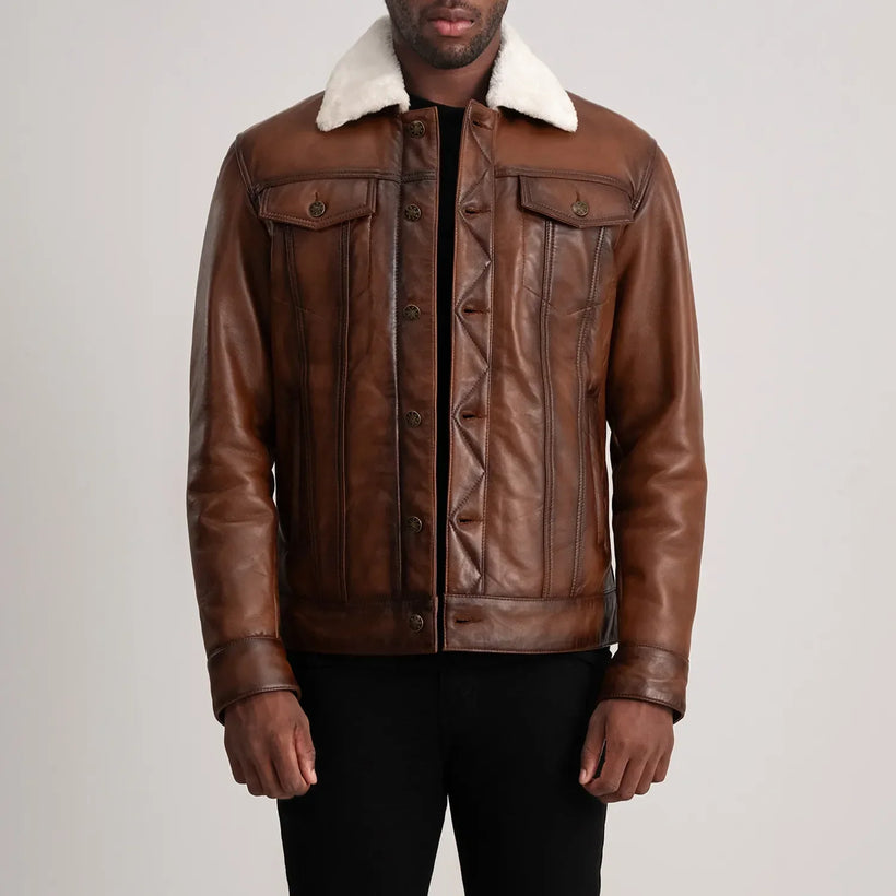 Dallis Kafe Leather Shearling Trucker Xhaketë lëkure për meshkuj