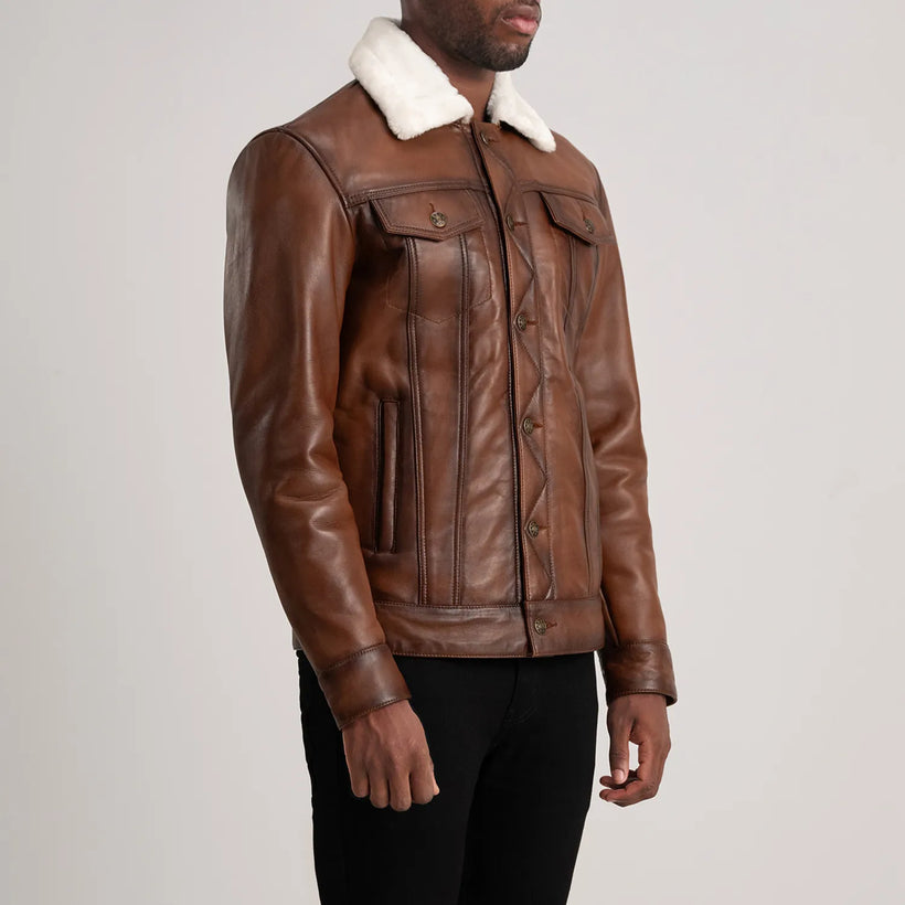 Dallis Kafe Leather Shearling Trucker Xhaketë lëkure për meshkuj