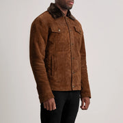 
Brown Goatskin Suede Aviator Jacket - Pamje e pasme me supe të theksuara dhe buzë të pastër