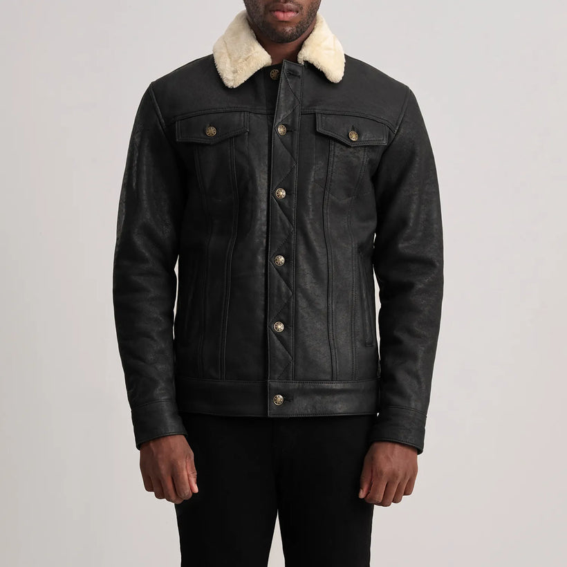Dallis Distressed E zezë Leather Shearling Trucker Xhaketë lëkure për meshkuj