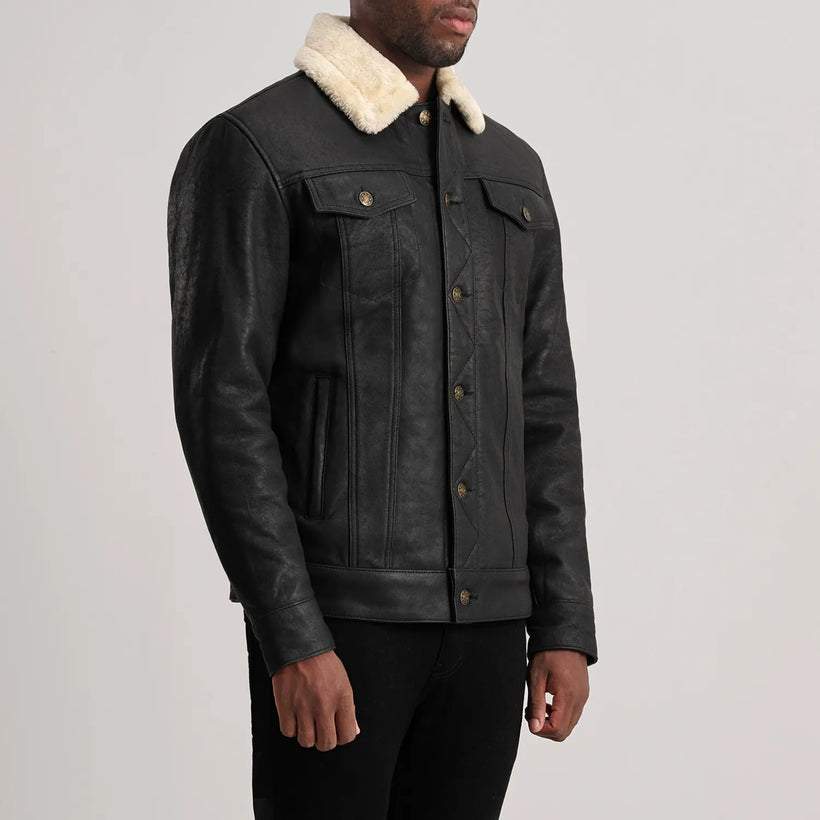 Dallis Distressed E zezë Leather Shearling Trucker Xhaketë lëkure për meshkuj