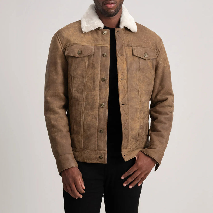 Dallis Distressed Kafe Leather Shearling Trucker Xhaketë lëkure për meshkuj