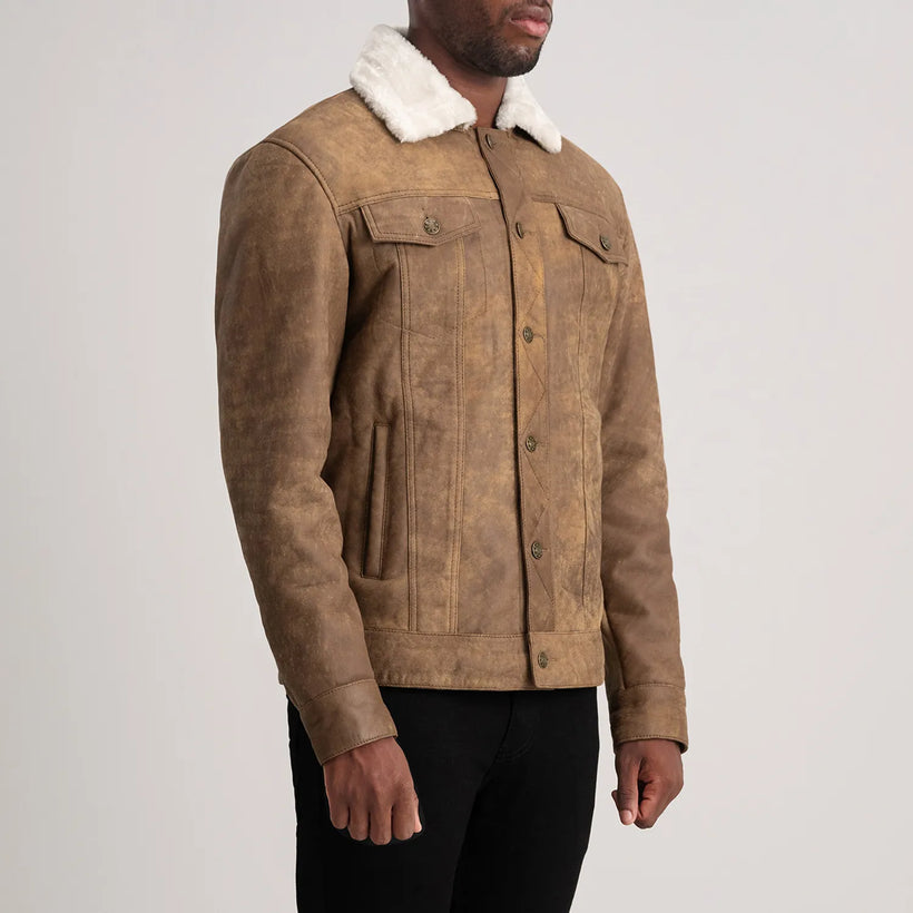 Dallis Distressed Kafe Leather Shearling Trucker Xhaketë lëkure për meshkuj