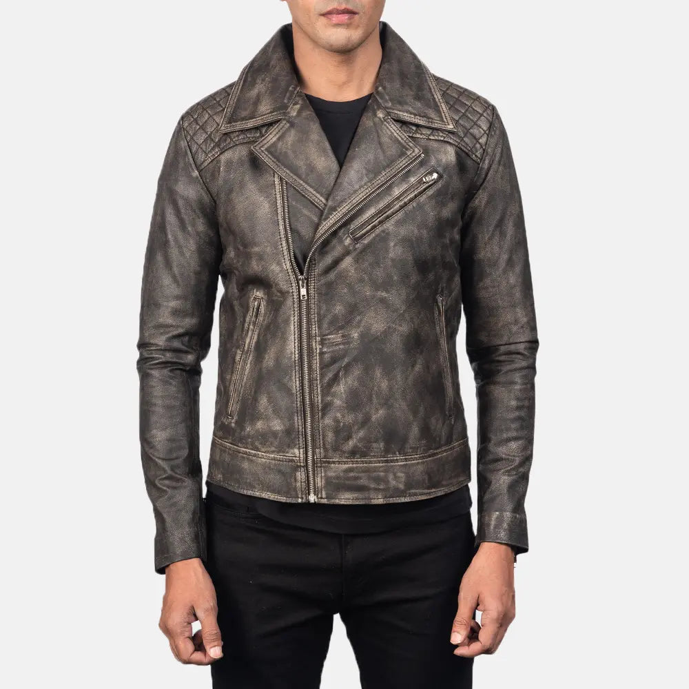 
Përpunim artizanal i buzës së poshtme Danny Quilted Brown Leather Biker Jacket