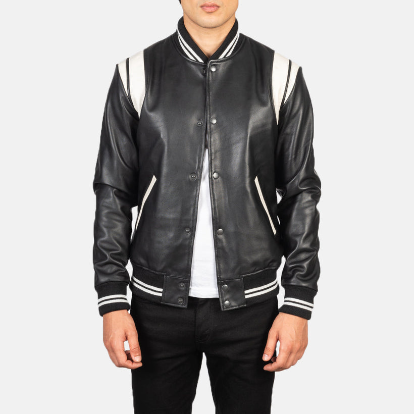 Dantee E zezë Leather Varsity Xhaketë lëkure për meshkuj