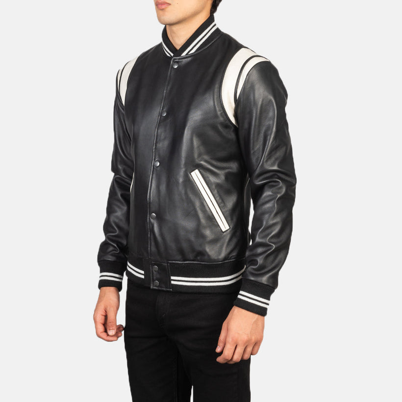 Dantee E zezë Leather Varsity Xhaketë lëkure për meshkuj