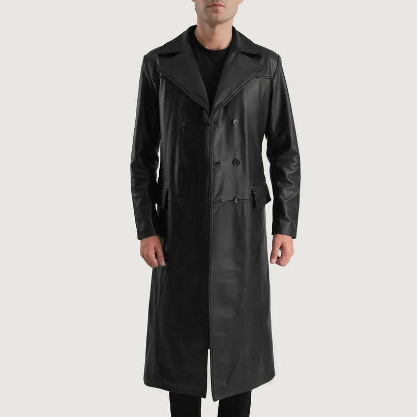 Delmar E zezë Leather Double-Breasted Coat për meshkuj