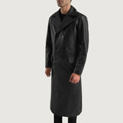 
Black Cowhide leather Coat - Pamje e pasme me supe të theksuara dhe buzë të pastër