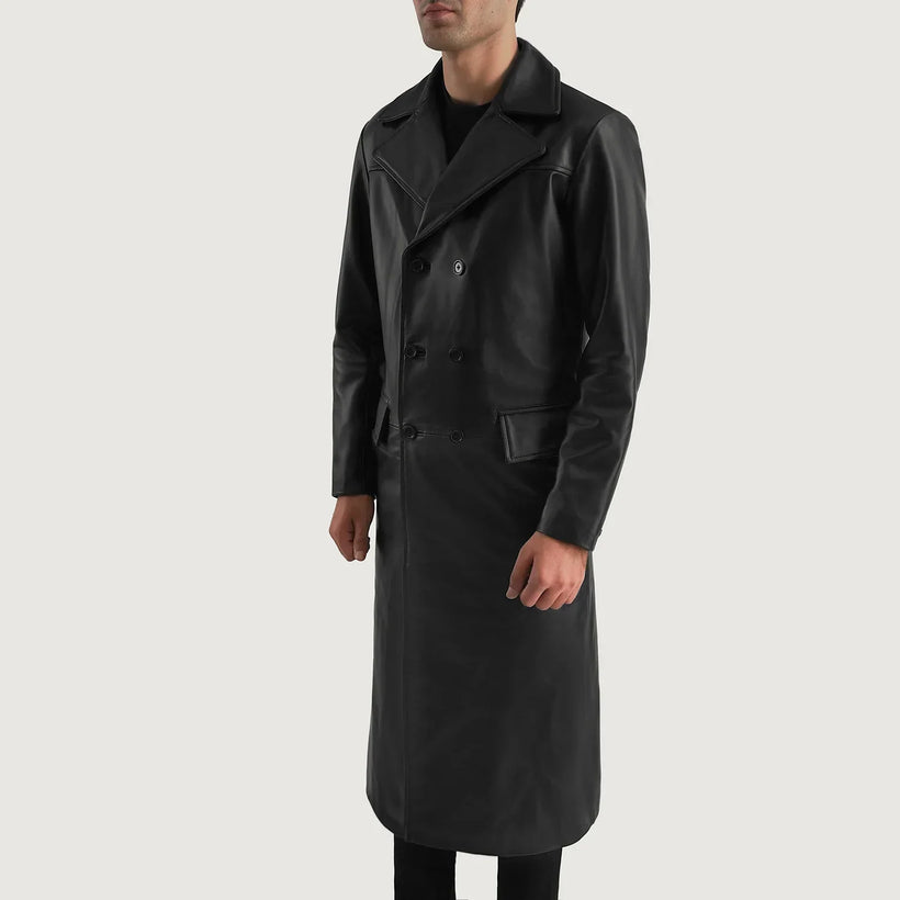 Delmar E zezë Leather Double-Breasted Coat për meshkuj