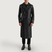 
Delmar Black Leather Double Breasted Coat - Pamje anësore me prerje ergonomike të mëngëve