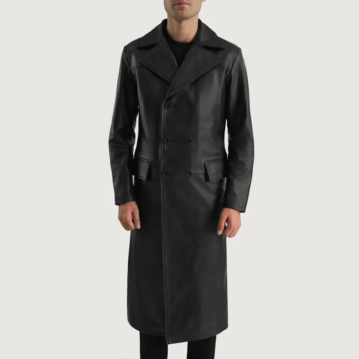 
Detaje nga afër of Notch & Button Hardware on Delmar Black Leather Double Breasted Coat