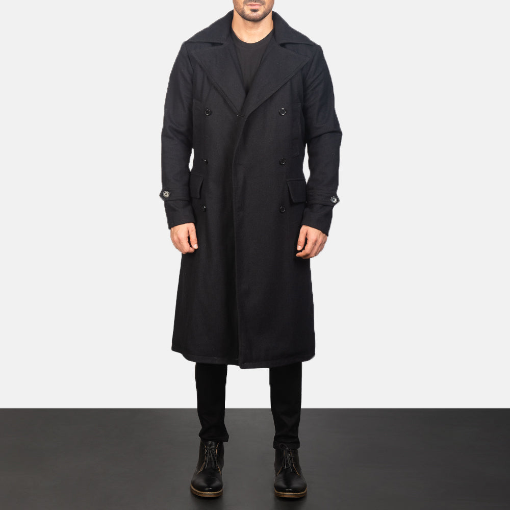 Detective E zezë Wool Coat për meshkuj - Lateral Side Profile View Showing Sleeve Cut &amp; Athletic Taper Fit