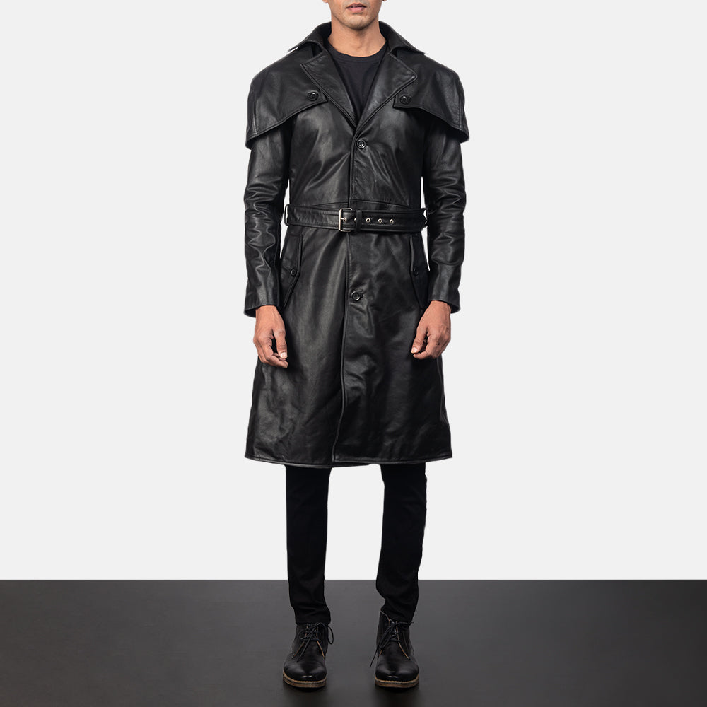 
Black Cowhide Leather Trench Coat - Pamje e pasme me supe të theksuara dhe buzë të pastër